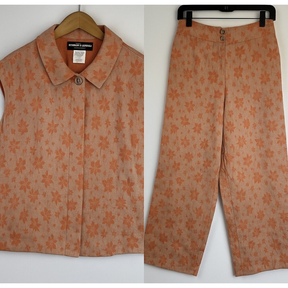 Benard Holtzman Shirt Pants Set Womens 8P Orange Floral Linen Petite‎ Lined Suit